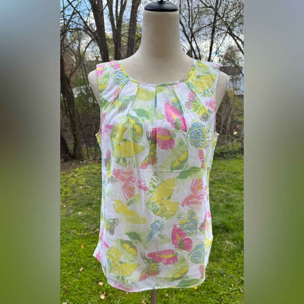 Talbots Sleeveless New With Tags Sz 8 Vibrant Butterfly Pattern Top 100% Cotton